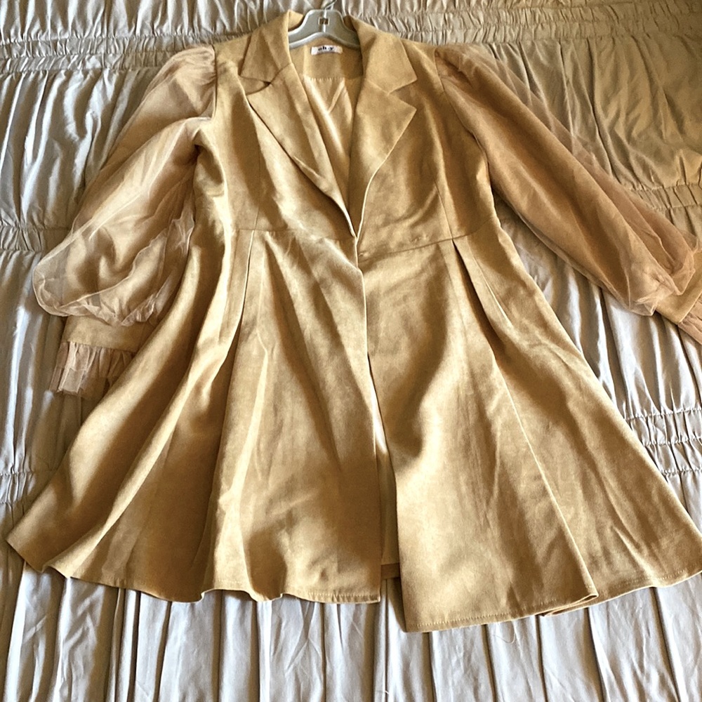 Tan blazer with mesh poet sleeves